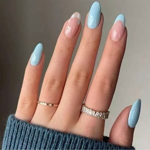 24pcs Long Almond Blue Fake Nail & 1pc Nail File & 1sheet Taped